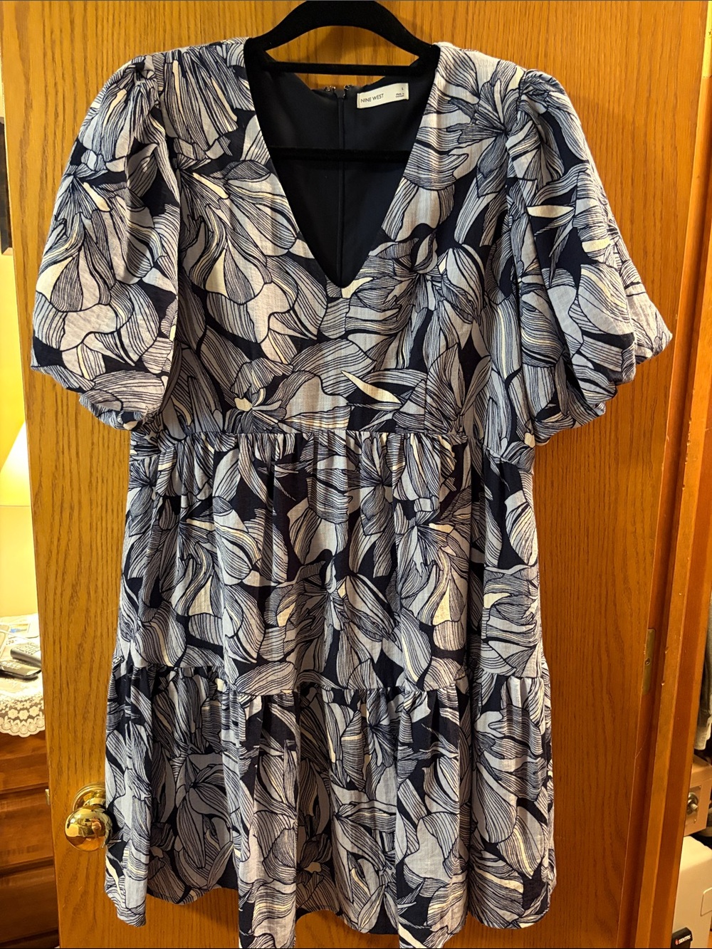 Women's Nine West Navy and White Floral V-Neck Tiered Dress